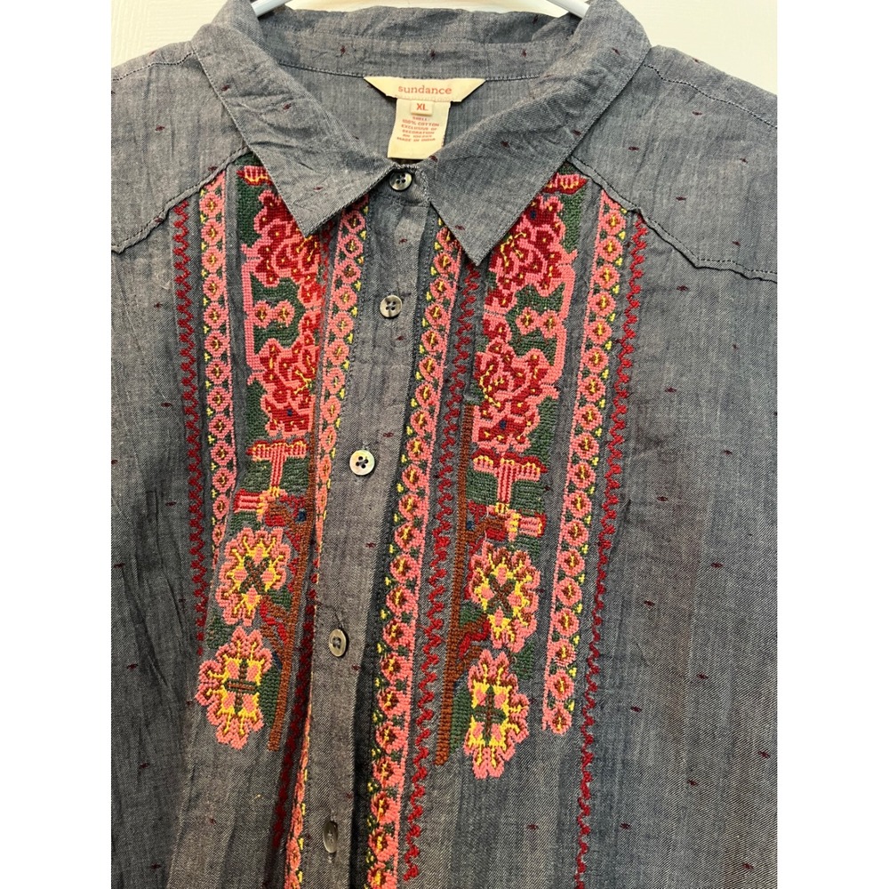 Sundance Blue Chambray Embroidered Western Boho Clip Dot Shirt Womens XL b7 - Picture 2 of 8